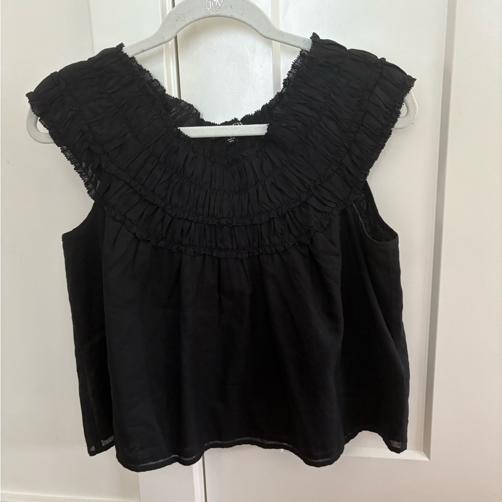 J. Crew Black Smocked Ruffled Blouse with Bib Collar